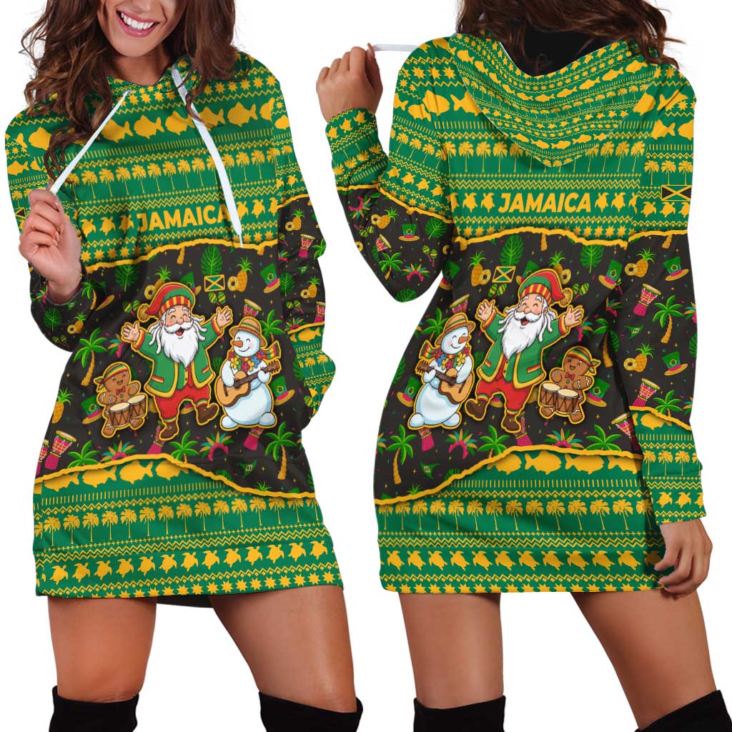 Jamaica Christmas Hoodie Dress with Rasta Santa Snowman Gingerbread Drummer Palm Trees and Green Yellow Knit Pattern Design - Wonder Print Shop