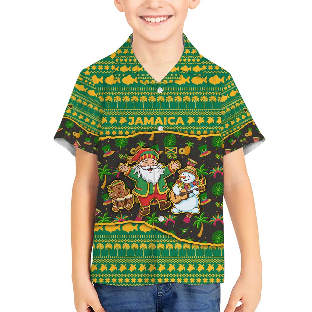 Jamaica Christmas Kid Hawaiian Shirt with Rasta Santa Snowman Gingerbread Drummer Palm Trees and Green Yellow Knit Pattern Design - Wonder Print Shop