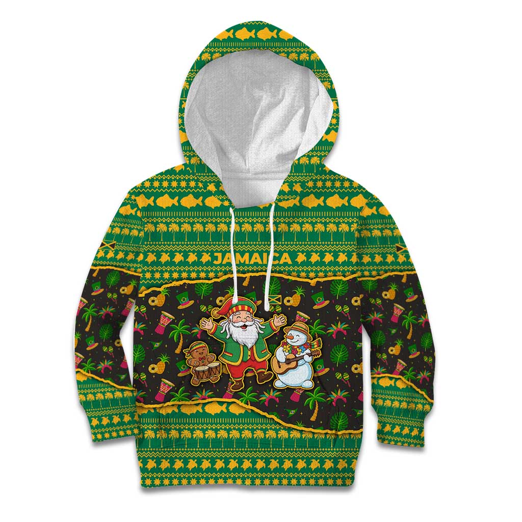 Jamaica Christmas Kid Hoodie with Rasta Santa Snowman Gingerbread Drummer Palm Trees and Green Yellow Knit Pattern Design - Wonder Print Shop