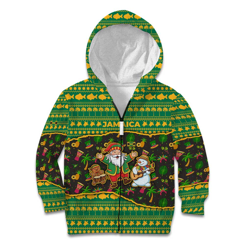 Jamaica Christmas Kid Hoodie with Rasta Santa Snowman Gingerbread Drummer Palm Trees and Green Yellow Knit Pattern Design - Wonder Print Shop