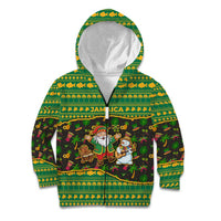 Jamaica Christmas Kid Hoodie with Rasta Santa Snowman Gingerbread Drummer Palm Trees and Green Yellow Knit Pattern Design - Wonder Print Shop