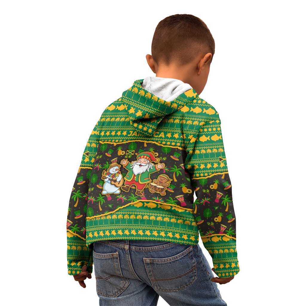 Jamaica Christmas Kid Hoodie with Rasta Santa Snowman Gingerbread Drummer Palm Trees and Green Yellow Knit Pattern Design - Wonder Print Shop