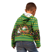 Jamaica Christmas Kid Hoodie with Rasta Santa Snowman Gingerbread Drummer Palm Trees and Green Yellow Knit Pattern Design - Wonder Print Shop