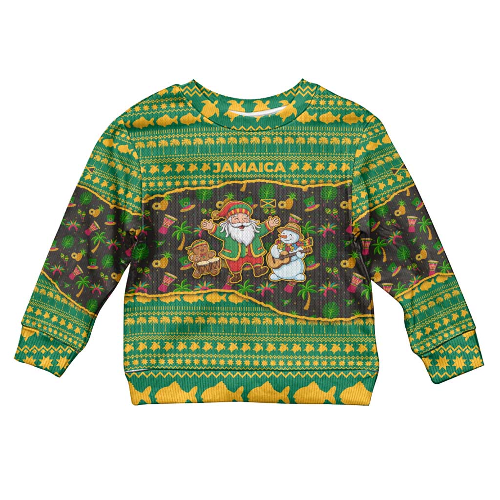 Jamaica Christmas Kid Ugly Christmas Sweater with Rasta Santa Snowman Gingerbread Drummer Palm Trees and Green Yellow Knit Pattern Design - Wonder Print Shop