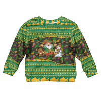 Jamaica Christmas Kid Ugly Christmas Sweater with Rasta Santa Snowman Gingerbread Drummer Palm Trees and Green Yellow Knit Pattern Design - Wonder Print Shop