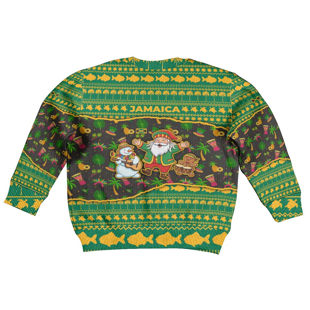 Jamaica Christmas Kid Ugly Christmas Sweater with Rasta Santa Snowman Gingerbread Drummer Palm Trees and Green Yellow Knit Pattern Design - Wonder Print Shop
