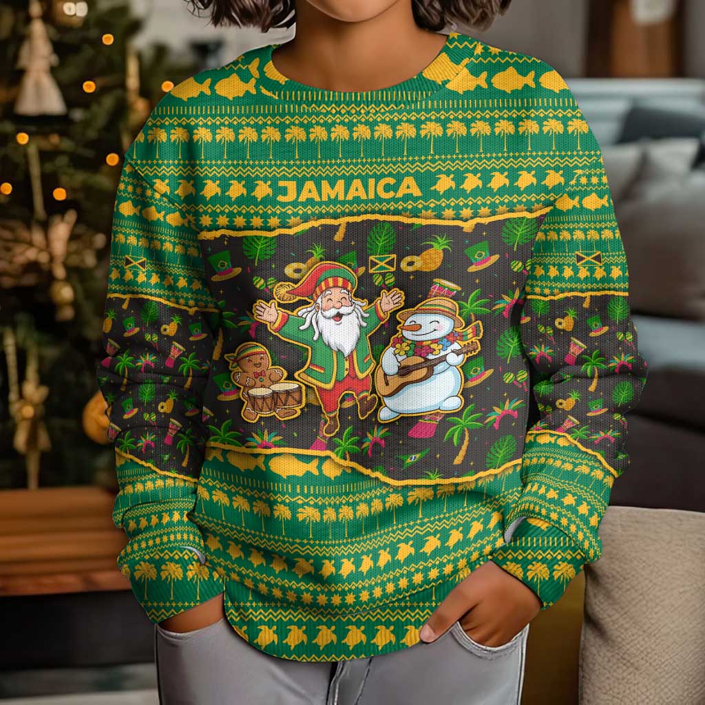 Jamaica Christmas Kid Ugly Christmas Sweater with Rasta Santa Snowman Gingerbread Drummer Palm Trees and Green Yellow Knit Pattern Design - Wonder Print Shop