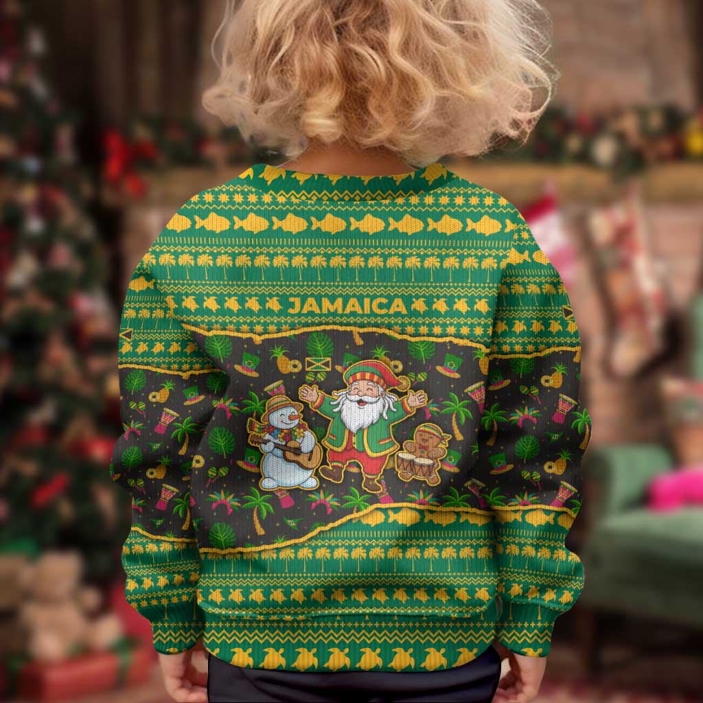 Jamaica Christmas Kid Ugly Christmas Sweater with Rasta Santa Snowman Gingerbread Drummer Palm Trees and Green Yellow Knit Pattern Design - Wonder Print Shop