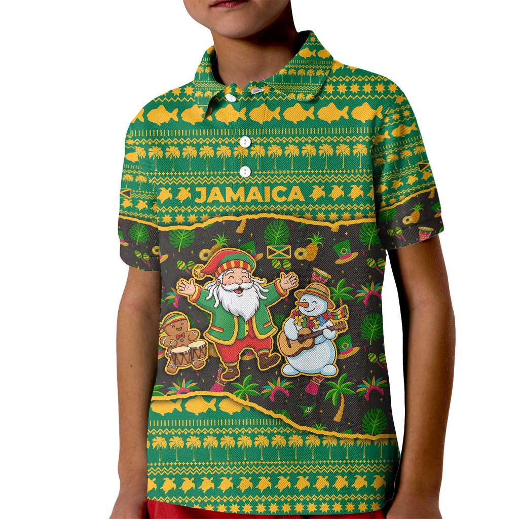 Jamaica Christmas Kid Polo Shirt with Rasta Santa Snowman Gingerbread Drummer Palm Trees and Green Yellow Knit Pattern Design - Wonder Print Shop