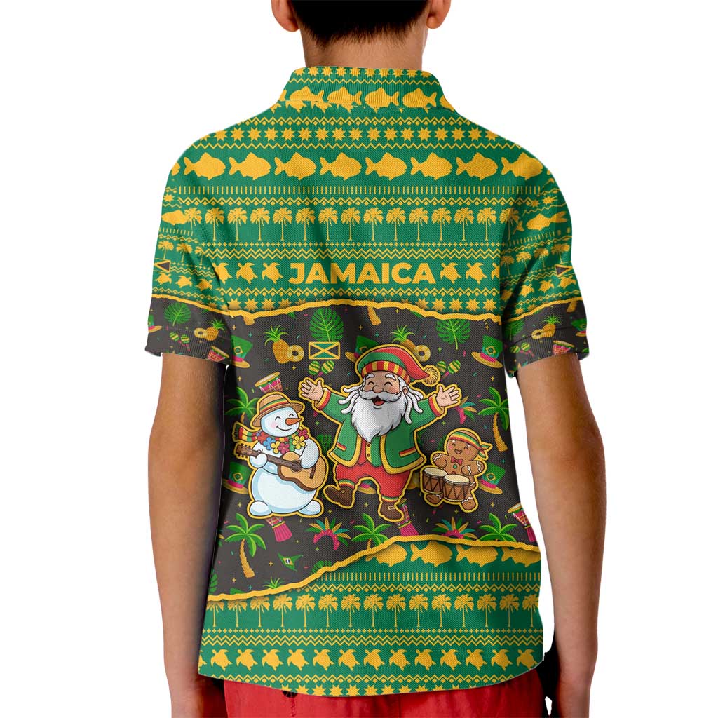 Jamaica Christmas Kid Polo Shirt with Rasta Santa Snowman Gingerbread Drummer Palm Trees and Green Yellow Knit Pattern Design - Wonder Print Shop