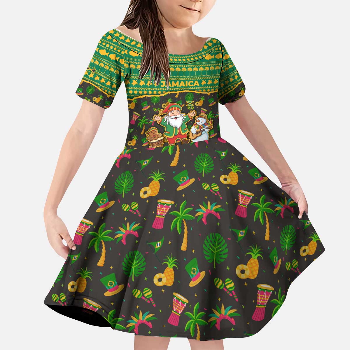 Jamaica Christmas Kid Short Sleeve Dress with Rasta Santa Snowman Gingerbread Drummer Palm Trees and Green Yellow Knit Pattern Design - Wonder Print Shop