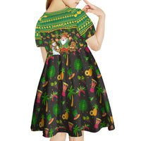 Jamaica Christmas Kid Short Sleeve Dress with Rasta Santa Snowman Gingerbread Drummer Palm Trees and Green Yellow Knit Pattern Design - Wonder Print Shop