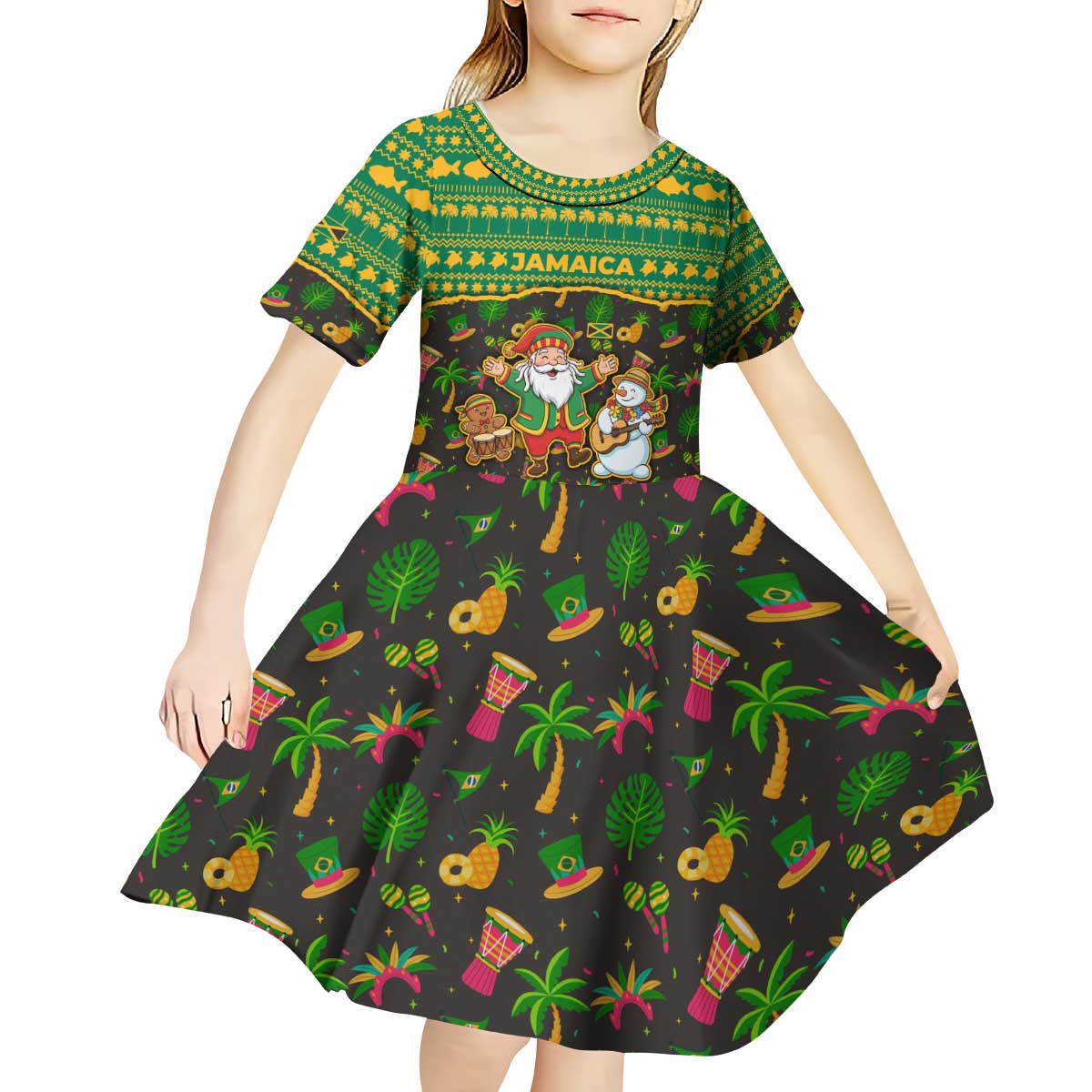 Jamaica Christmas Kid Short Sleeve Dress with Rasta Santa Snowman Gingerbread Drummer Palm Trees and Green Yellow Knit Pattern Design - Wonder Print Shop
