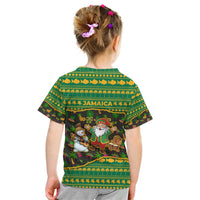Jamaica Christmas Kid T Shirt with Rasta Santa Snowman Gingerbread Drummer Palm Trees and Green Yellow Knit Pattern Design - Wonder Print Shop