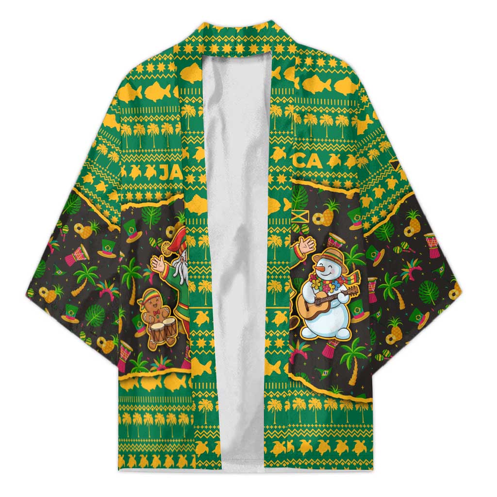 Jamaica Christmas Kimono with Rasta Santa Snowman Gingerbread Drummer Palm Trees and Green Yellow Knit Pattern Design - Wonder Print Shop