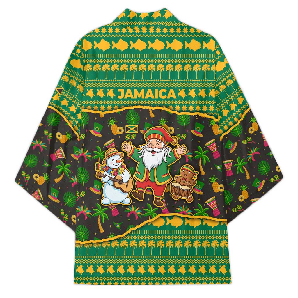 Jamaica Christmas Kimono with Rasta Santa Snowman Gingerbread Drummer Palm Trees and Green Yellow Knit Pattern Design - Wonder Print Shop