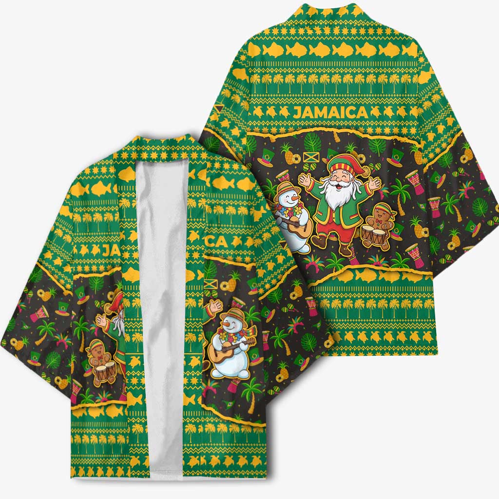 Jamaica Christmas Kimono with Rasta Santa Snowman Gingerbread Drummer Palm Trees and Green Yellow Knit Pattern Design - Wonder Print Shop