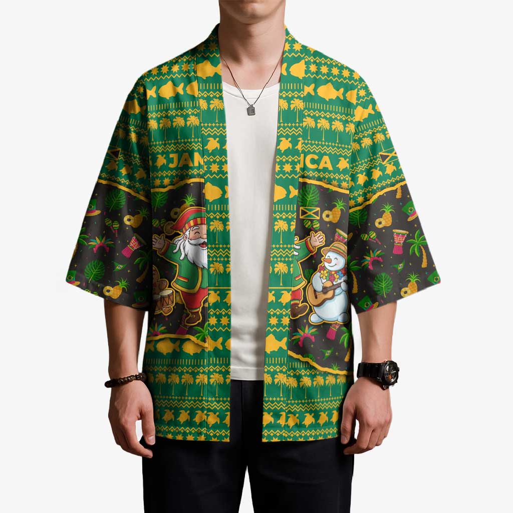 Jamaica Christmas Kimono with Rasta Santa Snowman Gingerbread Drummer Palm Trees and Green Yellow Knit Pattern Design - Wonder Print Shop
