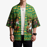 Jamaica Christmas Kimono with Rasta Santa Snowman Gingerbread Drummer Palm Trees and Green Yellow Knit Pattern Design - Wonder Print Shop