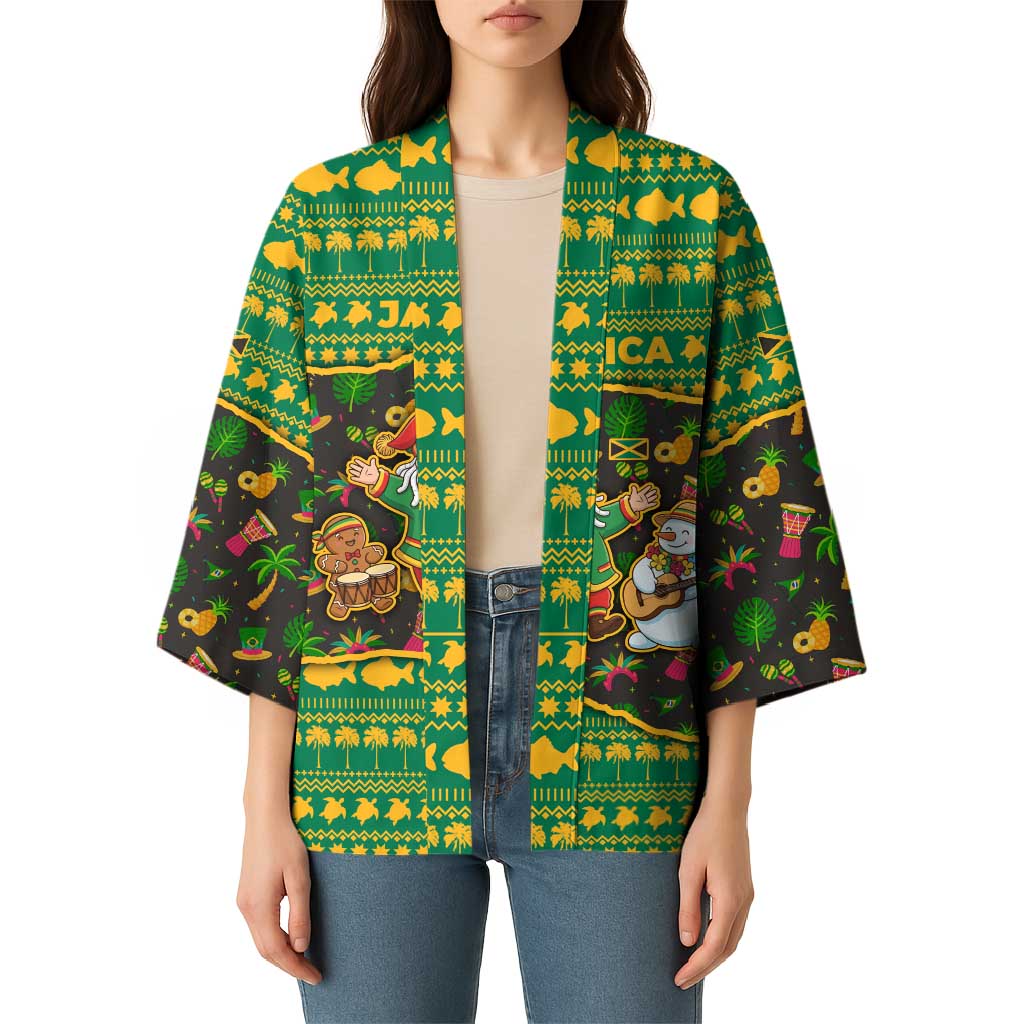 Jamaica Christmas Kimono with Rasta Santa Snowman Gingerbread Drummer Palm Trees and Green Yellow Knit Pattern Design - Wonder Print Shop