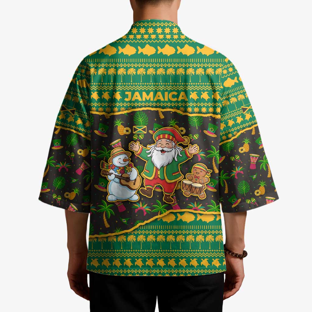 Jamaica Christmas Kimono with Rasta Santa Snowman Gingerbread Drummer Palm Trees and Green Yellow Knit Pattern Design - Wonder Print Shop