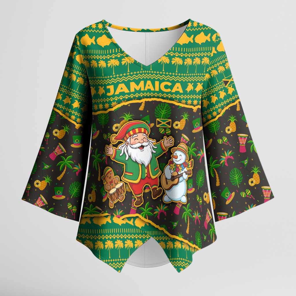 Jamaica Christmas Kimono Sleeve Blouse with Rasta Santa Snowman Gingerbread Drummer Palm Trees and Green Yellow Knit Pattern Design - Wonder Print Shop