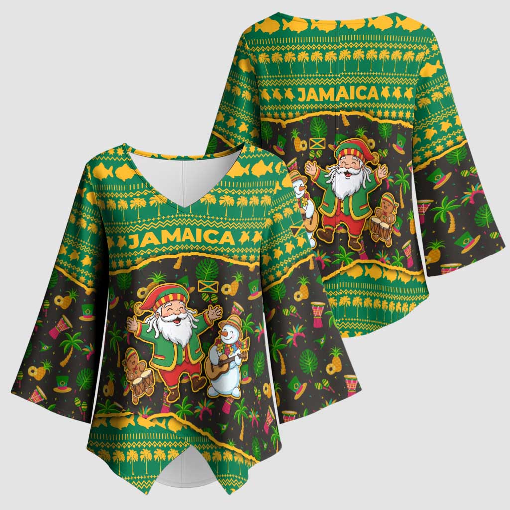 Jamaica Christmas Kimono Sleeve Blouse with Rasta Santa Snowman Gingerbread Drummer Palm Trees and Green Yellow Knit Pattern Design - Wonder Print Shop
