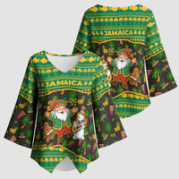 Jamaica Christmas Kimono Sleeve Blouse with Rasta Santa Snowman Gingerbread Drummer Palm Trees and Green Yellow Knit Pattern Design - Wonder Print Shop