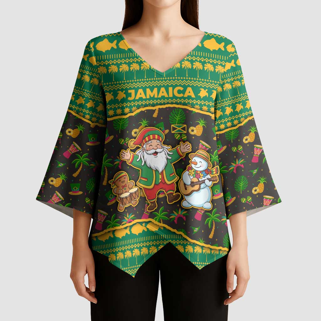Jamaica Christmas Kimono Sleeve Blouse with Rasta Santa Snowman Gingerbread Drummer Palm Trees and Green Yellow Knit Pattern Design - Wonder Print Shop