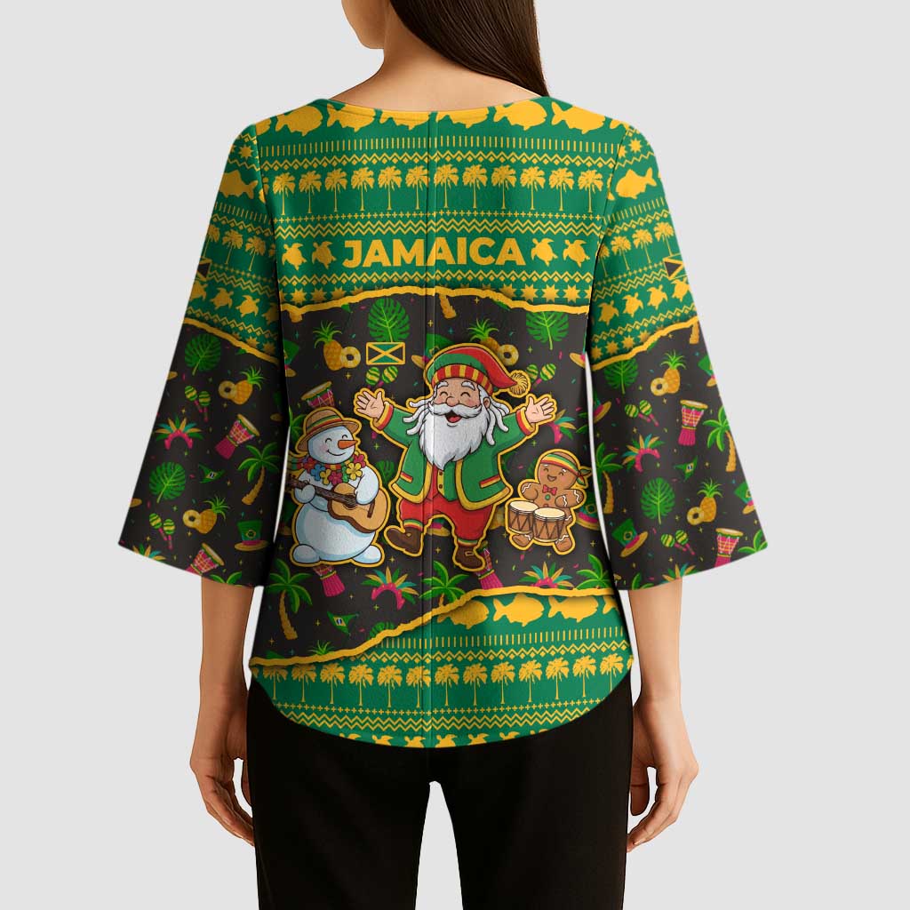 Jamaica Christmas Kimono Sleeve Blouse with Rasta Santa Snowman Gingerbread Drummer Palm Trees and Green Yellow Knit Pattern Design - Wonder Print Shop