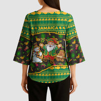 Jamaica Christmas Kimono Sleeve Blouse with Rasta Santa Snowman Gingerbread Drummer Palm Trees and Green Yellow Knit Pattern Design - Wonder Print Shop