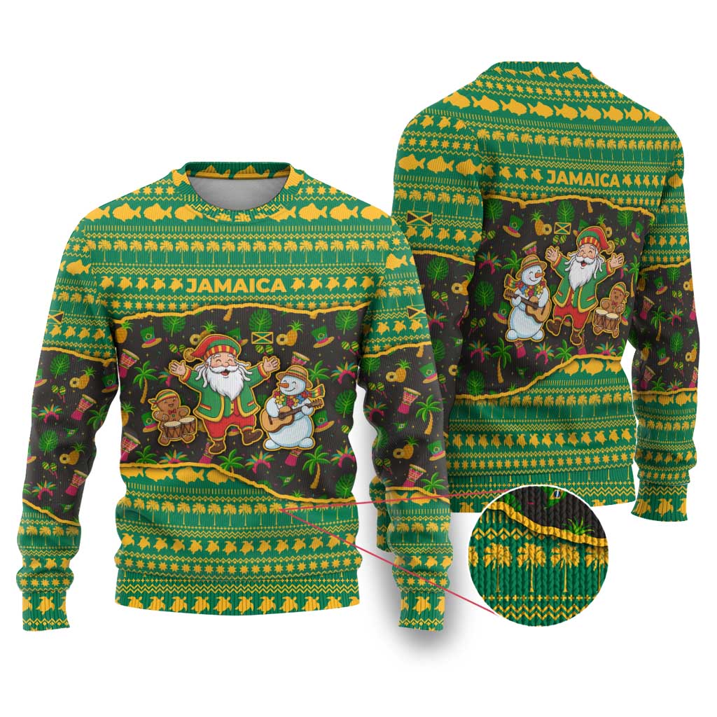 Jamaica Christmas Ugly Christmas Sweater with Rasta Santa Snowman Gingerbread Drummer Palm Trees and Green Yellow Knit Pattern Design - Wonder Print Shop