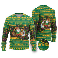 Jamaica Christmas Ugly Christmas Sweater with Rasta Santa Snowman Gingerbread Drummer Palm Trees and Green Yellow Knit Pattern Design - Wonder Print Shop