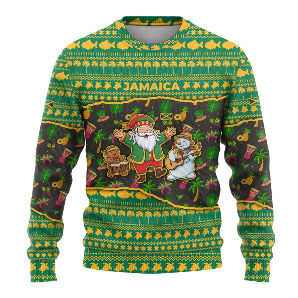 Jamaica Christmas Ugly Christmas Sweater with Rasta Santa Snowman Gingerbread Drummer Palm Trees and Green Yellow Knit Pattern Design - Wonder Print Shop