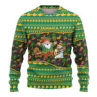 Jamaica Christmas Ugly Christmas Sweater with Rasta Santa Snowman Gingerbread Drummer Palm Trees and Green Yellow Knit Pattern Design - Wonder Print Shop