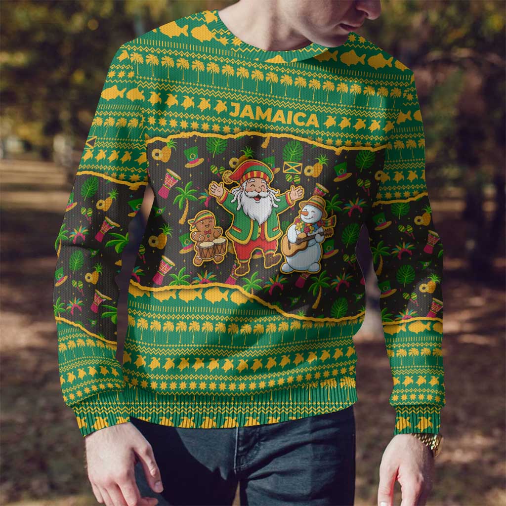 Jamaica Christmas Ugly Christmas Sweater with Rasta Santa Snowman Gingerbread Drummer Palm Trees and Green Yellow Knit Pattern Design - Wonder Print Shop
