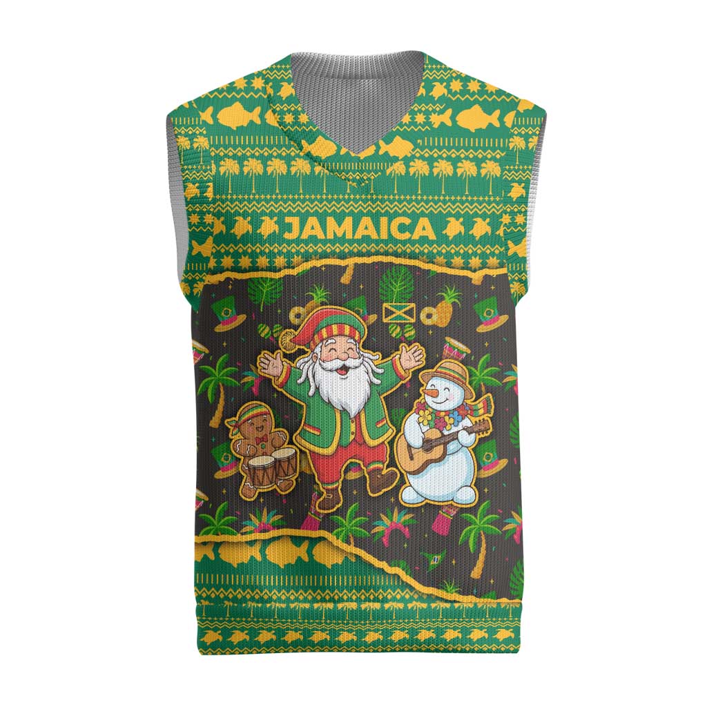 Jamaica Christmas Knitted V-Neck Vest with Rasta Santa Snowman Gingerbread Drummer Palm Trees and Green Yellow Knit Pattern Design - Wonder Print Shop