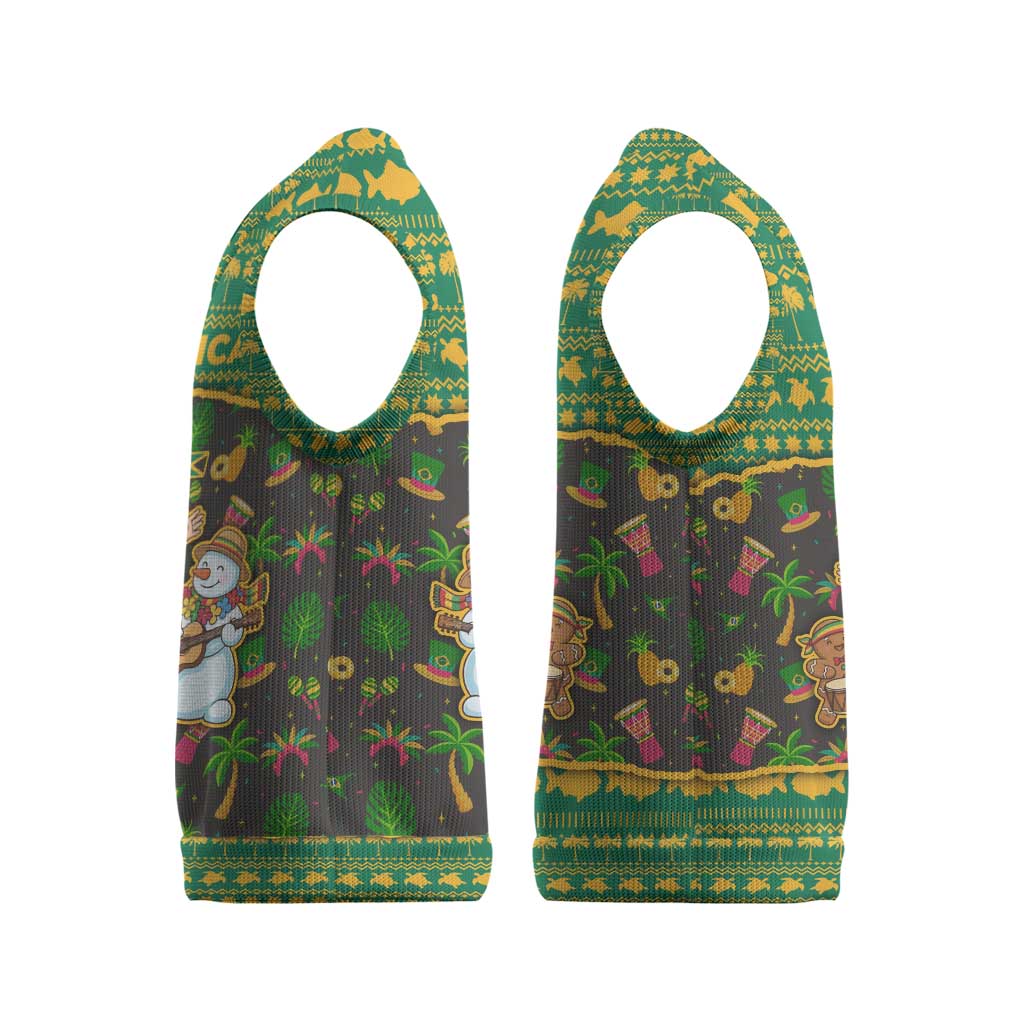 Jamaica Christmas Knitted V-Neck Vest with Rasta Santa Snowman Gingerbread Drummer Palm Trees and Green Yellow Knit Pattern Design - Wonder Print Shop