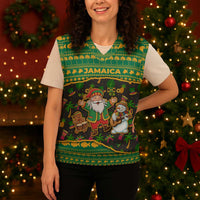 Jamaica Christmas Knitted V-Neck Vest with Rasta Santa Snowman Gingerbread Drummer Palm Trees and Green Yellow Knit Pattern Design - Wonder Print Shop