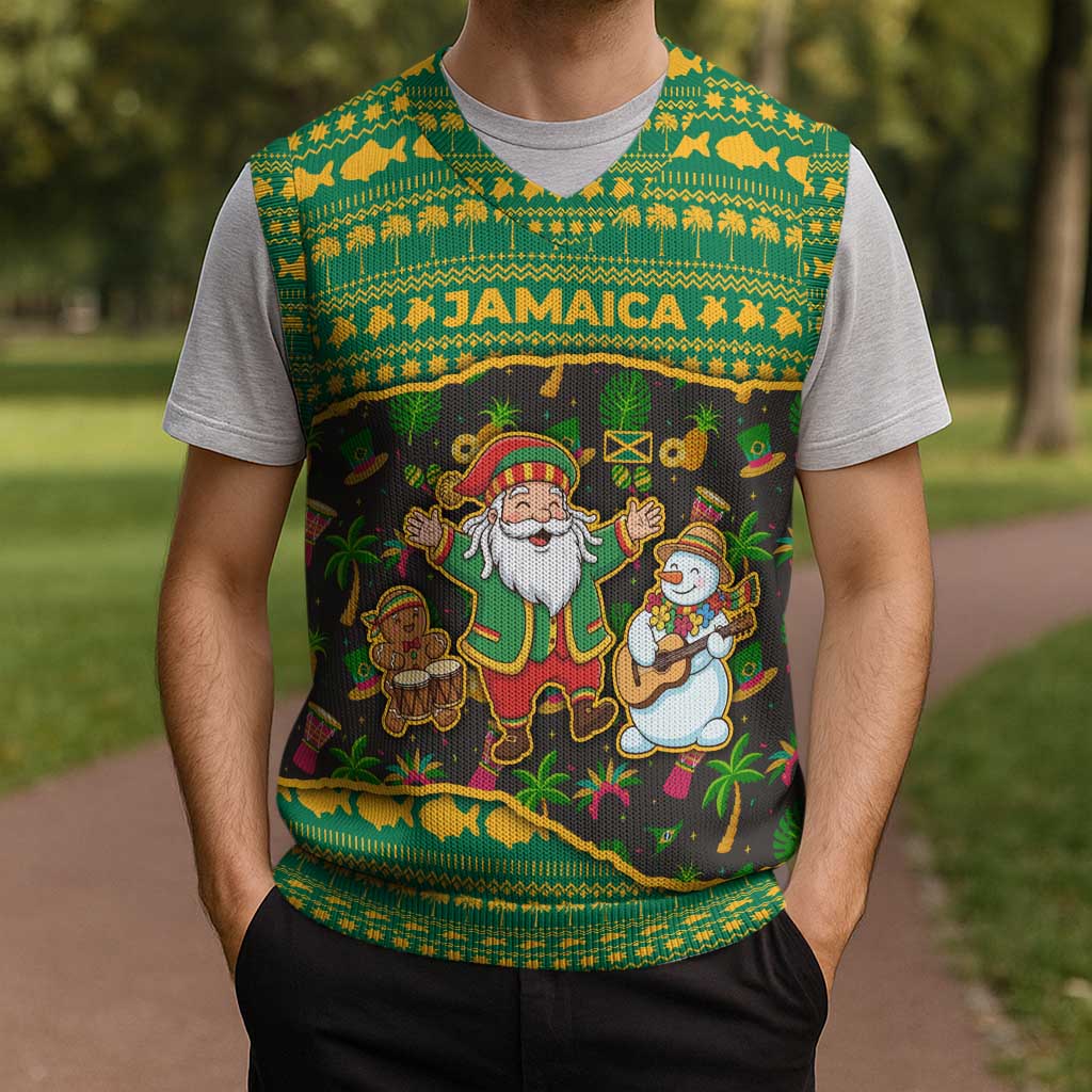 Jamaica Christmas Knitted V-Neck Vest with Rasta Santa Snowman Gingerbread Drummer Palm Trees and Green Yellow Knit Pattern Design - Wonder Print Shop