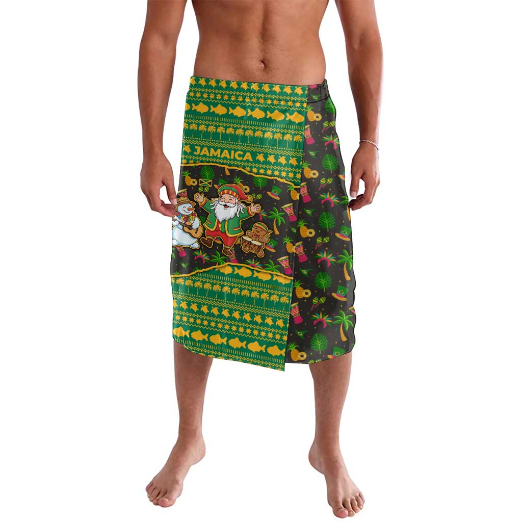 Jamaica Christmas Lavalava with Rasta Santa Snowman Gingerbread Drummer Palm Trees and Green Yellow Knit Pattern Design - Wonder Print Shop