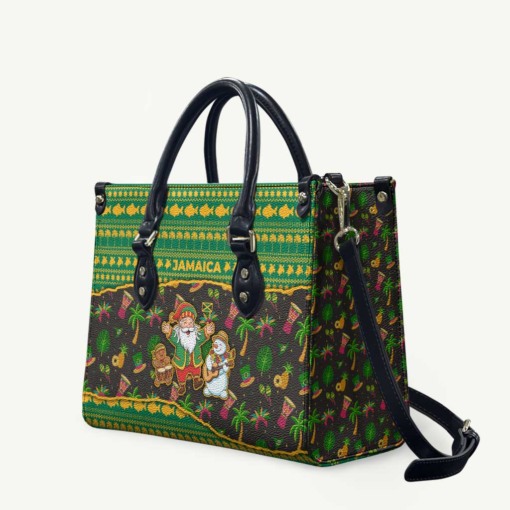 Jamaica Christmas Leather Bag with Rasta Santa Snowman Gingerbread Drummer Palm Trees and Green Yellow Knit Pattern Design - Wonder Print Shop