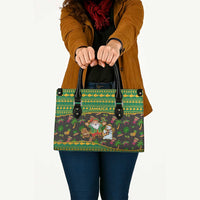 Jamaica Christmas Leather Bag with Rasta Santa Snowman Gingerbread Drummer Palm Trees and Green Yellow Knit Pattern Design - Wonder Print Shop