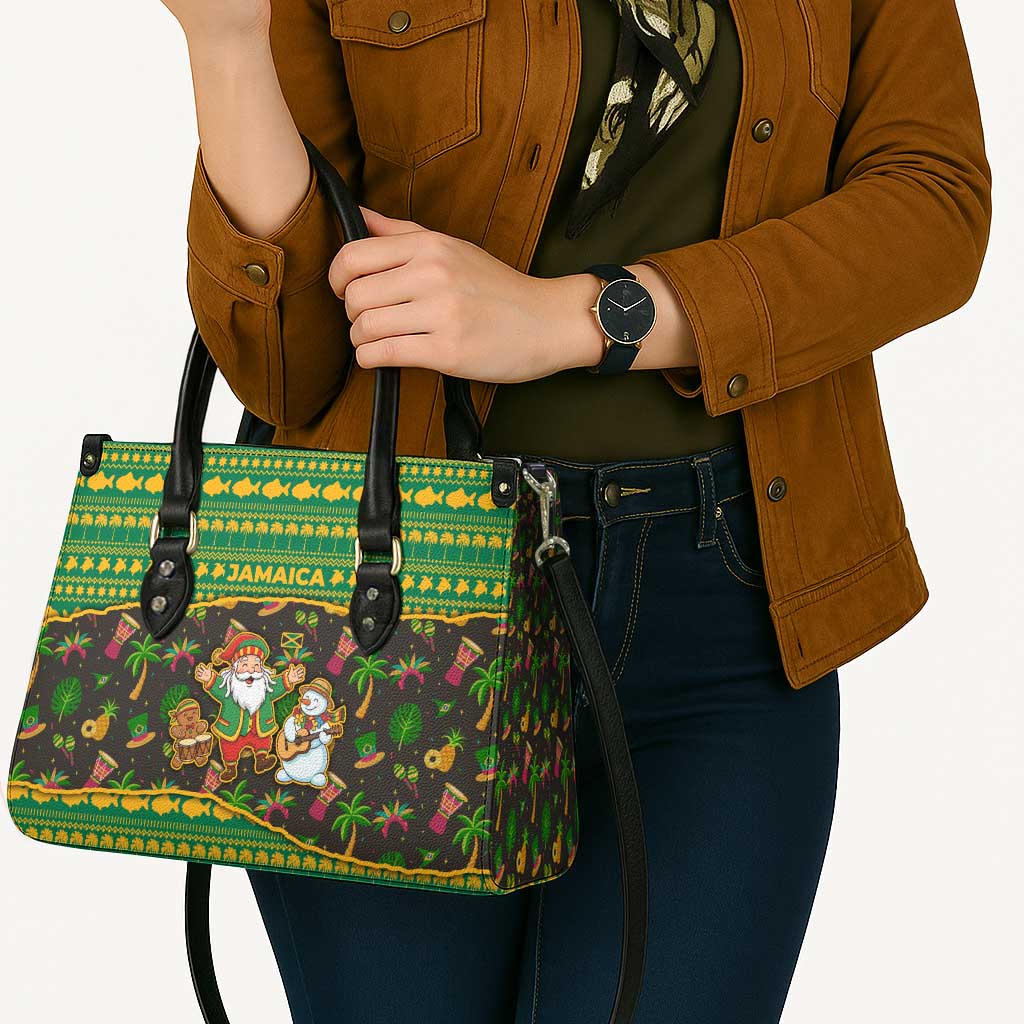 Jamaica Christmas Leather Bag with Rasta Santa Snowman Gingerbread Drummer Palm Trees and Green Yellow Knit Pattern Design - Wonder Print Shop