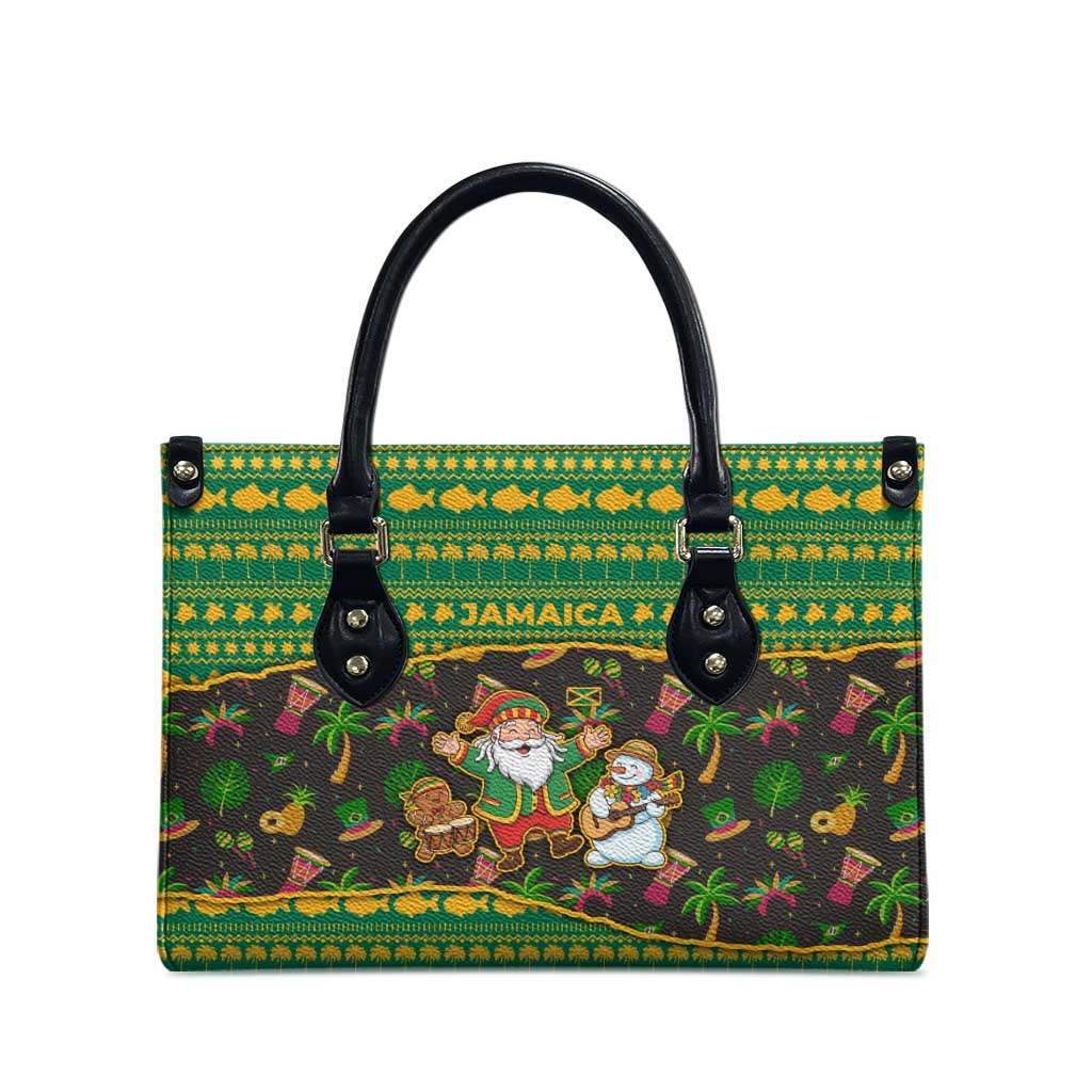 Jamaica Christmas Leather Bag with Rasta Santa Snowman Gingerbread Drummer Palm Trees and Green Yellow Knit Pattern Design - Wonder Print Shop
