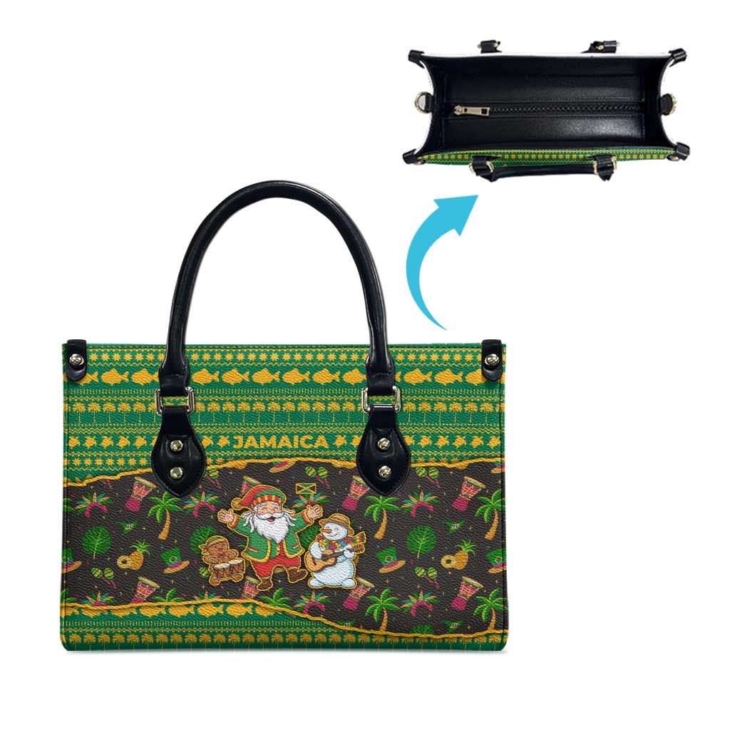 Jamaica Christmas Leather Bag with Rasta Santa Snowman Gingerbread Drummer Palm Trees and Green Yellow Knit Pattern Design - Wonder Print Shop