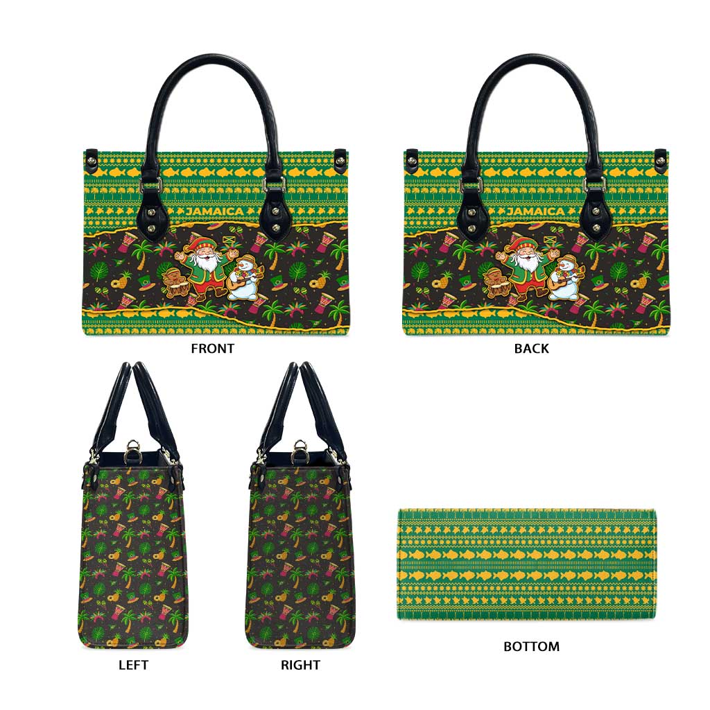 Jamaica Christmas Leather Bag with Rasta Santa Snowman Gingerbread Drummer Palm Trees and Green Yellow Knit Pattern Design - Wonder Print Shop