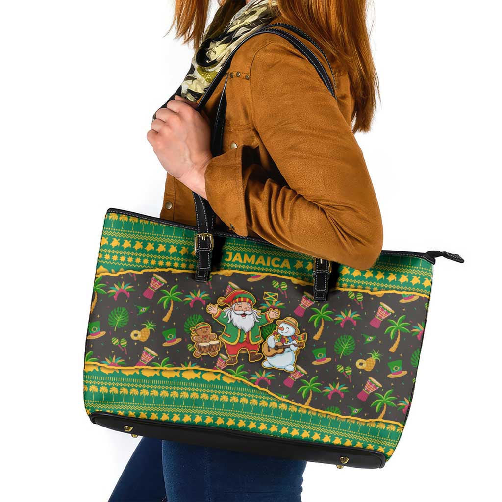 Jamaica Christmas Leather Tote Bag with Rasta Santa Snowman Gingerbread Drummer Palm Trees and Green Yellow Knit Pattern Design - Wonder Print Shop