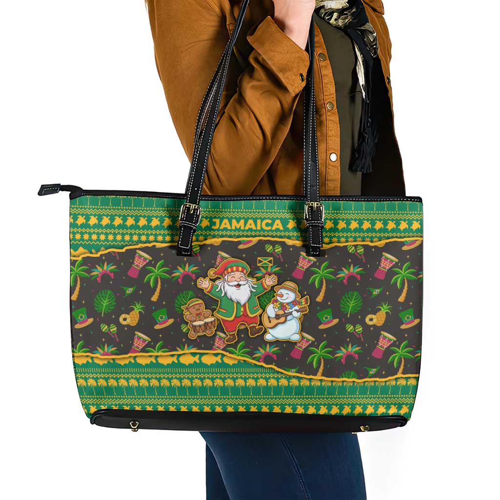 Jamaica Christmas Leather Tote Bag with Rasta Santa Snowman Gingerbread Drummer Palm Trees and Green Yellow Knit Pattern Design - Wonder Print Shop