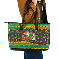 Jamaica Christmas Leather Tote Bag with Rasta Santa Snowman Gingerbread Drummer Palm Trees and Green Yellow Knit Pattern Design - Wonder Print Shop